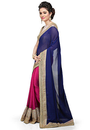 Embroidered Half N Half Georgette Saree in Navy Blue and Fuchsia