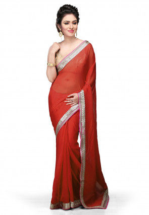 Patch Border Georgette Saree in Red 