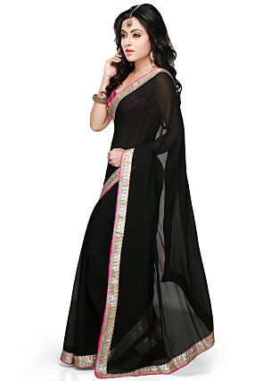 Patch Border Georgette Saree in Black 