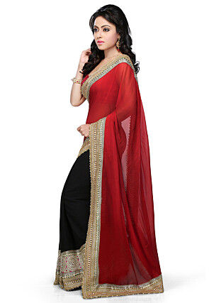 Half N Half Georgette Saree in Maroon and Black
