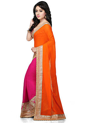 Half N Half Georgette Saree in Orange and Fuchsia