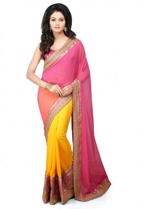 Half N Half Georgette Saree in Pink and Yellow