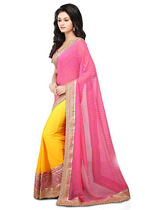 Half N Half Georgette Saree in Pink and Yellow
