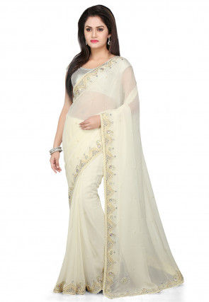 Embroidered Georgette Saree in Off White