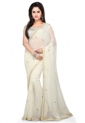 Embroidered Georgette Saree in Off White