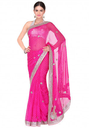 Embroidered Border Georgette Lehariya Saree in Pink