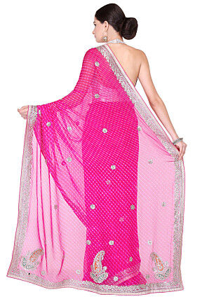 Embroidered Border Georgette Lehariya Saree in Pink