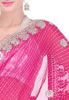 Embroidered Border Georgette Lehariya Saree in Fuchsia
