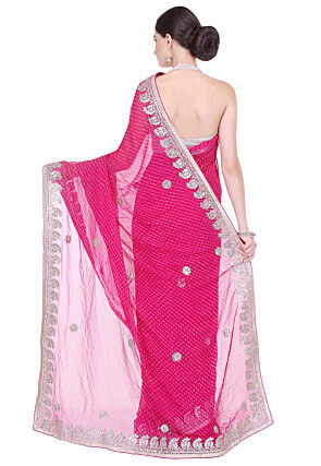 Embroidered Border Georgette Lehariya Saree in Fuchsia
