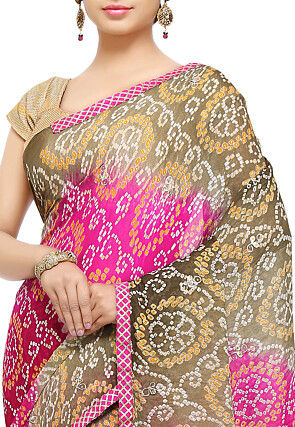 Bandhej Pure Chinon Crepe Saree in Shaded Beige and Fuchsia