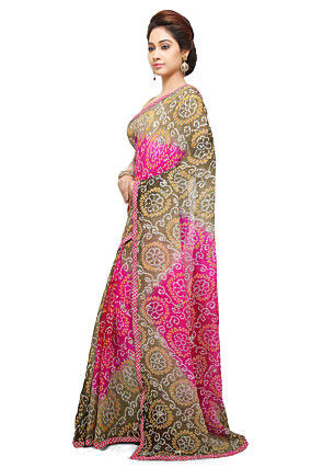 Bandhej Pure Chinon Crepe Saree in Shaded Beige and Fuchsia