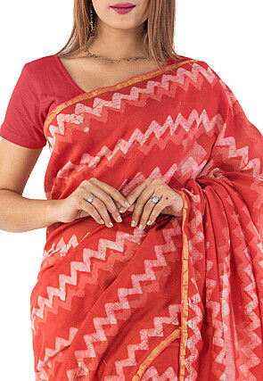 Dabu Printed Chanderi Cotton Saree in Red