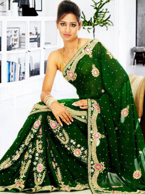 Hand Embroidered Georgette Saree in Green