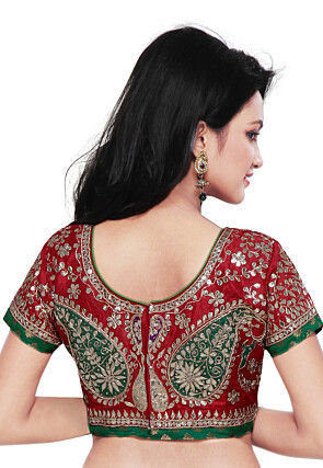 Embroidered Chanderi Silk Brocade Blouse in Red and Green