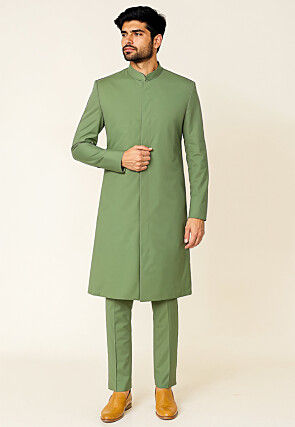 Soild Color Cotton Silk Sherwani in Dusty Green