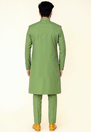 Soild Color Cotton Silk Sherwani in Dusty Green