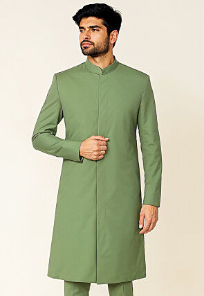 Soild Color Cotton Silk Sherwani in Dusty Green