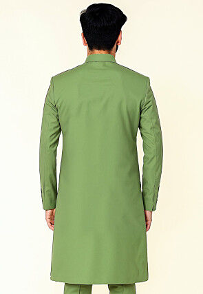 Soild Color Cotton Silk Sherwani in Dusty Green