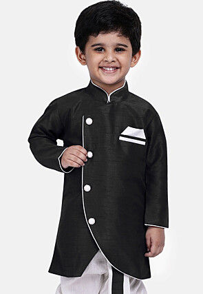 Soild Color Dupion Silk Kurta Set in Black
