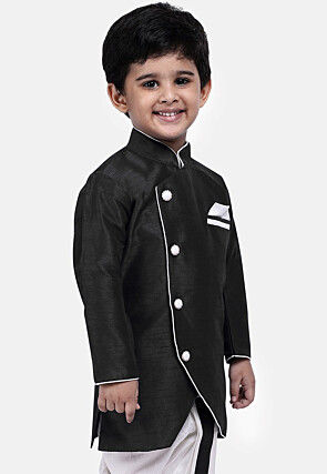 Soild Color Dupion Silk Kurta Set in Black