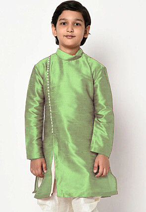 Soild Color Dupion Silk Kurta Set in Light Green