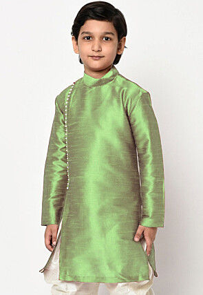 Soild Color Dupion Silk Kurta Set in Light Green