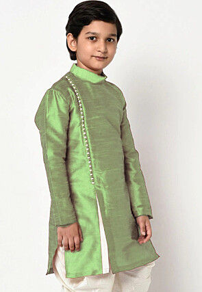 Soild Color Dupion Silk Kurta Set in Light Green