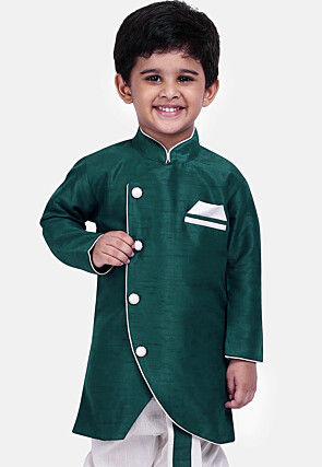Soild Color Dupion Silk Kurta Set in Teal Green