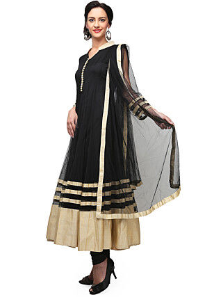 Soild Color Net Anarkali Suit in Black