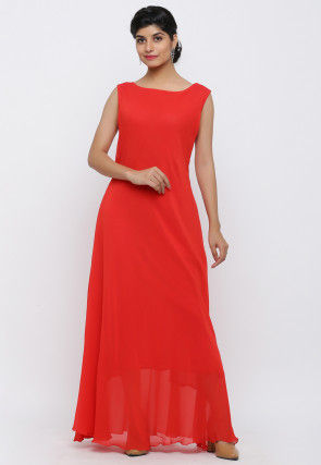 Solid Color Georgette Long Dress in Red