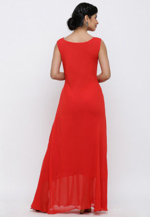 Solid Color Georgette Long Dress in Red