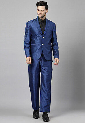 Solid Color Dupion Silk Blazer Set in Blue
