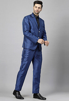 Solid Color Dupion Silk Blazer Set in Blue