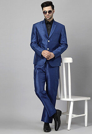 Solid Color Dupion Silk Blazer Set in Blue