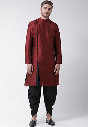 Solid Color Art Dupion Silk Dhoti Kurta in Maroon