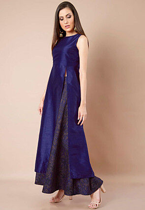 Solid Color Dupion Silk Front Slit Kurta in Navy Blue