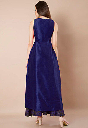 Solid Color Dupion Silk Front Slit Kurta in Navy Blue