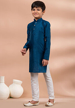 Solid Color Art Dupion Silk Kurta Set in Dark Teal Blue