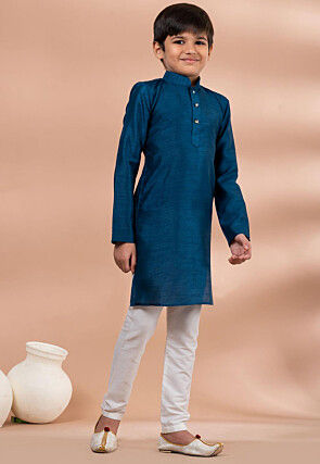 Solid Color Art Dupion Silk Kurta Set in Dark Teal Blue