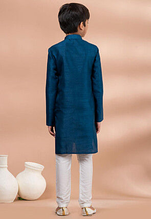 Solid Color Art Dupion Silk Kurta Set in Dark Teal Blue