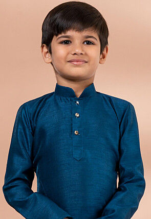Solid Color Art Dupion Silk Kurta Set in Dark Teal Blue