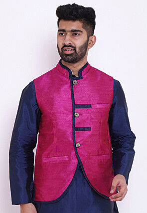 Solid Color Art Dupion Silk Nehru Jacket in Fuchsia