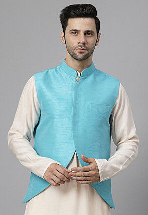 Solid Color Dupion Silk Nehru Jacket in Sky Blue