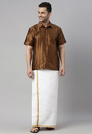 Solid Color Art Dupion Silk Shirt Mundu Set in Dark Brown