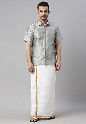 Solid Color Art Dupion Silk Shirt Mundu Set in Grey