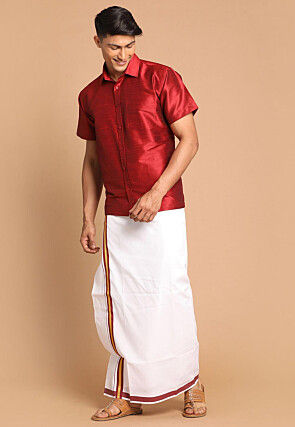 Solid Color Art Dupion Silk Shirt Mundu Set in Maroon