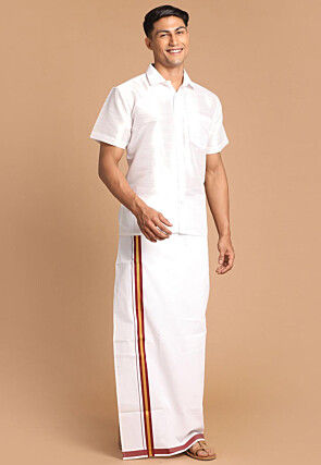 Solid Color Art Dupion Silk Shirt Mundu Set in White