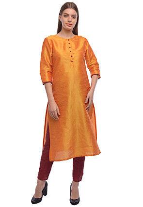 Solid Color Art Dupion Silk Straight Kurta in Orange