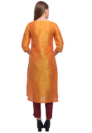 Solid Color Art Dupion Silk Straight Kurta in Orange