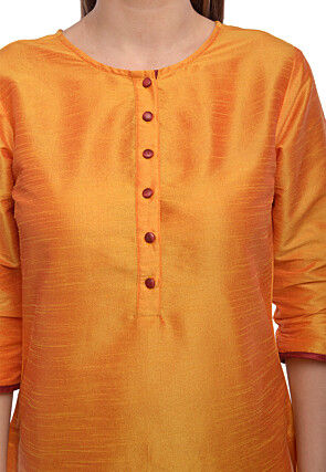 Solid Color Art Dupion Silk Straight Kurta in Orange